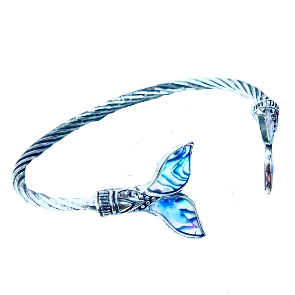 New Sterling Silver Abalone Shell Dolphin Tail OSFA Adjustable Bangle Bracelet